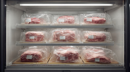 A neat display of freshly packaged raw meat cuts in a refrigerator. Each cut is visible through clear plastic, emphasizing freshness and quality for customers.の素材