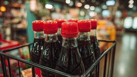 A collection of cola bottles with red caps is placed in a shopping basket, creating an inviting scene in a grocery store full of vibrant colors and products.の素材