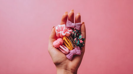 A close-up view of a hand showcasing an array of colorful hair accessories, including scrunchies and clips, set against a vibrant pink background. Perfect for fashion and beauty themes.の素材