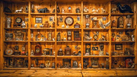 This image showcases a meticulously arranged collection of vintage antiques and curiosities on wooden shelves, highlighting diverse historical and artistic artifacts.の素材