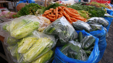 A vibrant display of fresh vegetables at an outdoor market showcasing an assortment of produce in colorful plastic bags, emphasizing local farming and healthy eating.の素材