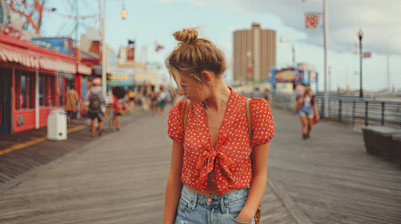A cheerful young woman enjoys a sunny day on the boardwalk, wearing a stylish summer outfit and embodying carefree summer vibes with a city backdrop.の素材