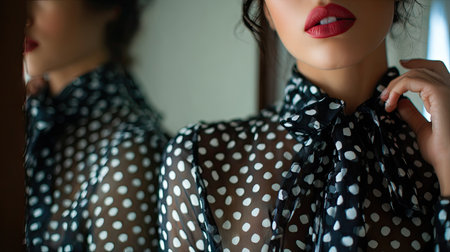 This captivating close-up features a stylish woman in a polka dot blouse, showcasing her bold lips and elegant posture, beautifully reflected in a nearby mirror.の素材