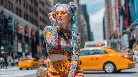 A young woman showcases her unique fashion style in a vibrant, colorful outfit while posing on a busy city street, surrounded by yellow taxis and skyscrapers.の素材