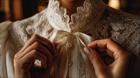 This image showcases an elegant vintage blouse adorned with intricate lace and a delicate silk bow tie. The soft lighting accentuates the textures, creating a rich fashion detail.の素材