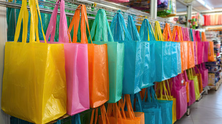 A vibrant display of colorful reusable shopping bags arranged neatly in a retail space. These eco-friendly shopping solutions offer convenience and style for everyday errands. Perfect for organization and storage needs.の素材