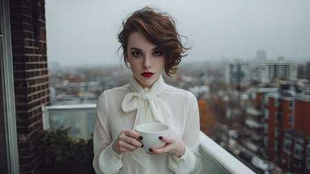 A captivating portrait of a young woman with a chic hairstyle, holding a cup, captured on a balcony. The moody urban landscape adds depth to the serene scene.の素材