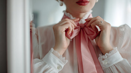 A stylish woman delicately adjusts a pink bow tie in soft lighting, showcasing a blend of vintage fashion and contemporary aesthetics in a refined interior setting.の素材
