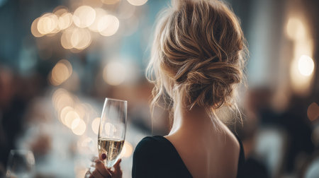 A sophisticated woman enjoys a glass of champagne at a joyous gathering, illuminated by soft, blurred lights, capturing the essence of celebration and elegance.の素材