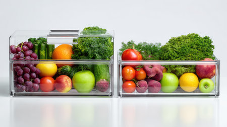 This image showcases an assortment of vibrant fruits and vegetables neatly arranged in clear storage containers, emphasizing fresh and healthy living. Perfect for meal prep, this visually appealing display highlights the importance of nutrition and colorful produce in daily diets.の素材