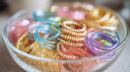 A close-up view of vibrant colored wire loops and rings arranged in a clear glass bowl, perfect for jewelry making or craft projects.の素材