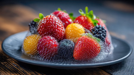 A visually appealing arrangement of fresh mixed berries and fruits displayed in a bowl, wrapped in bubble wrap on a rustic wooden surface. Perfect for food photography.の素材