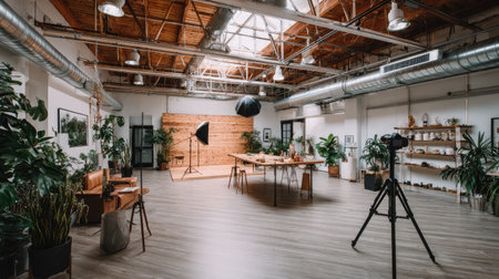 This spacious creative workspace features a well-lit environment filled with photography equipment and vibrant plants, ideal for artistic endeavors.の素材