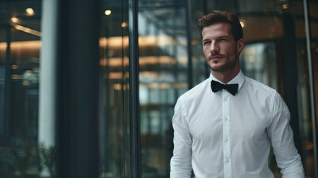 A stylish young man wearing a crisp white shirt and bow tie stands confidently in a modern urban setting, exuding charm and elegance.の素材