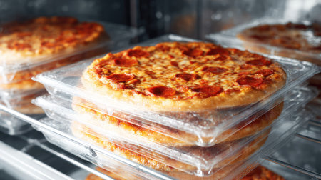 A mouth-watering display of stacked pepperoni pizzas in clear plastic packaging, ideal for freezing and quick meal preparation at home. Perfect for busy days!の素材