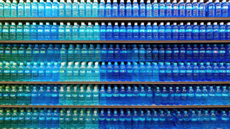 A vivid arrangement of blue water bottles displayed on shelves, showcasing a beautiful gradient of colors. Perfect for illustrating hydration and refreshing choices in retail settings.の素材