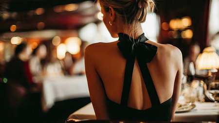 A woman in an elegant black dress with a bow sits at a beautifully set table in an upscale restaurant, surrounded by a warm and intimate atmosphere.の素材