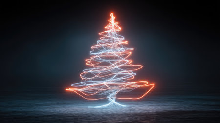 An abstract representation of a Christmas tree illuminated by vibrant light trails against a dark backdrop, evoking festive spirit and joy.の素材
