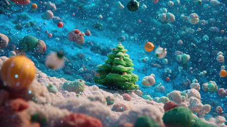 A stunning underwater scene features a vibrant Christmas tree adorned with colorful orbs, creating a whimsical holiday atmosphere in a magical environment.の素材