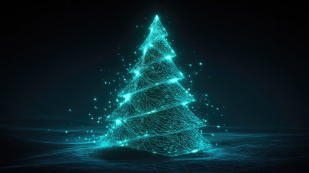 A captivating digital illustration of a glowing Christmas tree, showcasing vibrant neon lights and particles against a dark backdrop, symbolizing modern holiday spirit.の素材