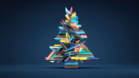 This vibrant and modern abstract representation of a Christmas tree features colorful geometric shapes with bright lighting against a dark background.の素材