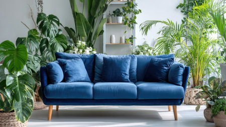 This image captures a cozy modern living room featuring a vibrant blue couch with plush cushions, surrounded by lush greenery and decorative indoor plants, creating a serene atmosphere.の素材