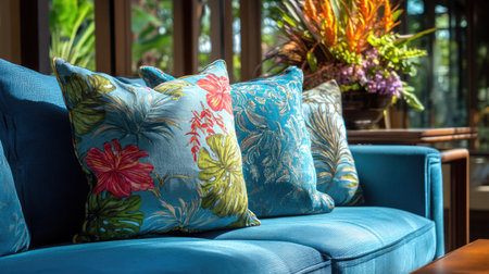 A beautifully arranged sofa adorned with colorful floral pillows, capturing the essence of a tropical paradise in a stylish living space flooded with natural light.の素材