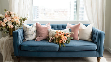 This image showcases a cozy living room featuring a chic blue sofa adorned with soft pillows and a beautiful floral arrangement, perfect for home decor ideas.の素材