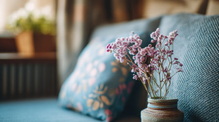 A cozy indoor setting featuring a beautiful arrangement of flowers in a decorative vase positioned on a soft sofa. This inviting scene showcases natural light, soft textures, and charming home decor elements that create a comforting atmosphere ideal for relaxation and aesthetic appeal.の素材