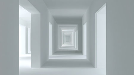 This captivating image features a minimalist interior showcasing a series of endless white hallways and open doorways, creating a striking perspective and sense of depth.の素材