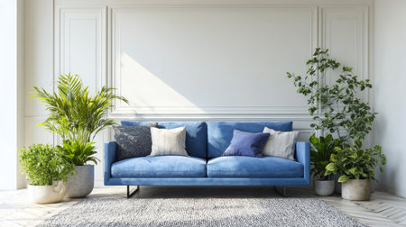 A modern living room featuring a stylish blue sofa adorned with decorative cushions, surrounded by lush green plants. Ideal for interior design inspiration.の素材