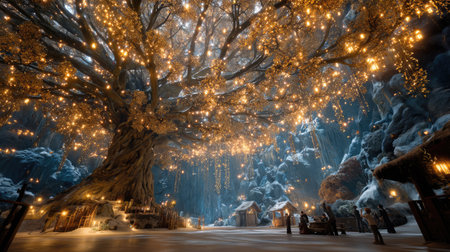 A captivating scene of a large, illuminated tree in a magical winter forest, surrounded by quaint cabins, evoking a sense of serenity and wonder.の素材