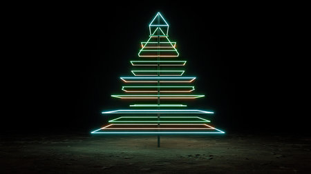 Capture the essence of a modern holiday with this abstract neon Christmas tree, featuring vibrant linear lighting in a dark setting. Perfect for festive themes!の素材