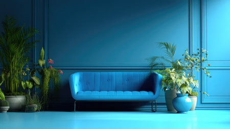 A serene interior showcasing a blue sofa surrounded by lush green plants, creating a perfect blend of modern design and natural beauty.の素材