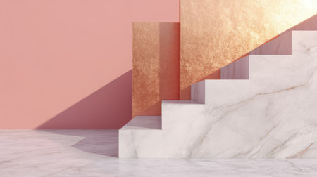 A captivating modern interior scene showcasing a pink wall and shimmering gold accents against sleek marble stairs, emphasizing minimalist elegance and design.の素材