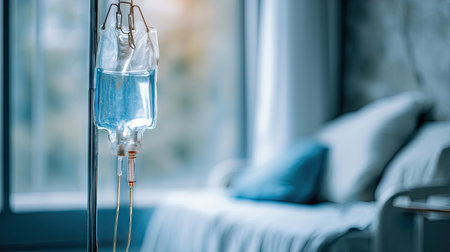 A close-up view of an IV drip suspended in a hospital room, featuring soft lighting and a cozy background that symbolizes healing and care.の素材