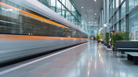 Captivating view of a modern train station featuring a blurred motion train, showcasing sleek glass architecture and an urban transportation environment.の素材
