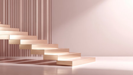 A striking modern staircase design featuring clean lines and a minimalist aesthetic against a soft pink background, creating a serene and inviting atmosphere.の素材