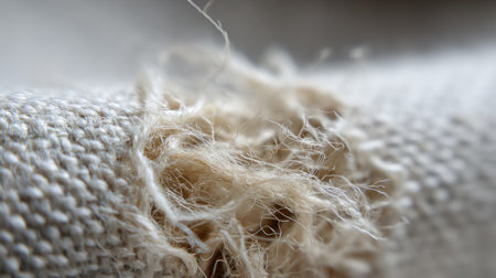 This close-up image captures the intricate details of a frayed natural fabric, focusing on the soft fibers and texture that highlight craftsmanship and organic beauty.の素材