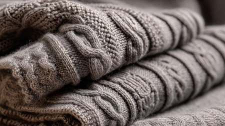 A close-up image showcasing a stack of luxurious cashmere sweaters. The intricate knit patterns and soft gray tones highlight cozy textures, ideal for winter fashion.の素材