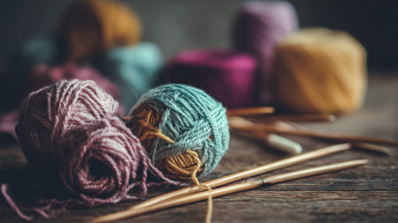 This image features colorful yarn balls and wooden knitting needles artistically arranged on a rustic wooden table, evoking a cozy crafting atmosphere.の素材