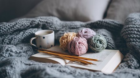 A serene setup featuring colorful yarn balls, a book, and a coffee cup on a soft blanket, perfect for inspiring warmth, creativity, and relaxation at home.の素材