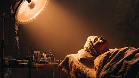 This image captures a serene woman resting under soft surgical lights, surrounded by medical equipment in a calm hospital environment, symbolizing care and healing.の素材