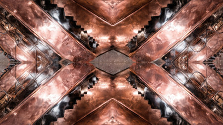 A captivating symmetrical view of a copper staircase featuring intricate textures and modern industrial design elements, perfect for artistic and architectural projects.の素材