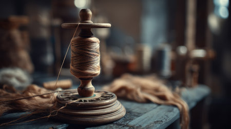 A charming wooden spool with golden thread rests in an artisan workshop, surrounded by various yarn and craft materials, evoking creativity and craftsmanship.の素材