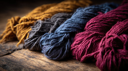 Enjoy the beauty of vibrant threads in rich colors, perfect for various crafting projects. Ideal for sewing and textile art enthusiasts, this rustic display captures creativity.の素材