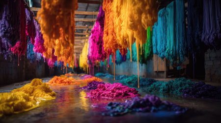 A stunning display of vibrant yarns hangs in a textile workshop, showcasing the artistic dyeing process with an array of vivid colors and textures.の素材