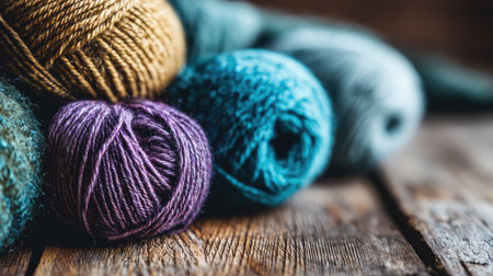 This image features an arrangement of colorful yarn balls in vibrant shades of purple, blue, and gold on a rustic wooden surface, ideal for textile design projects.の素材