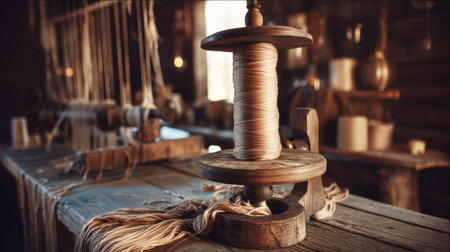 A vintage spinning wheel holds a spool of thread on a rustic wooden table in a warm, inviting workshop, perfect for showcasing traditional crafting techniques.の素材