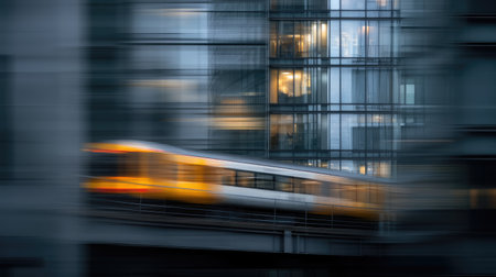 A dynamic image capturing the motion blur of a train moving past sleek, modern buildings in an urban environment during dusk. The photograph highlights the contrast between the speed of transportation and the stillness of the architecture, evoking a sense of energy in city life.の素材